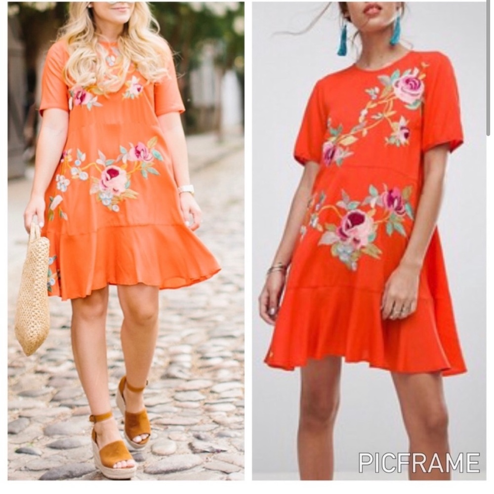 ASOS Embroidered Floral Dress in Orange
